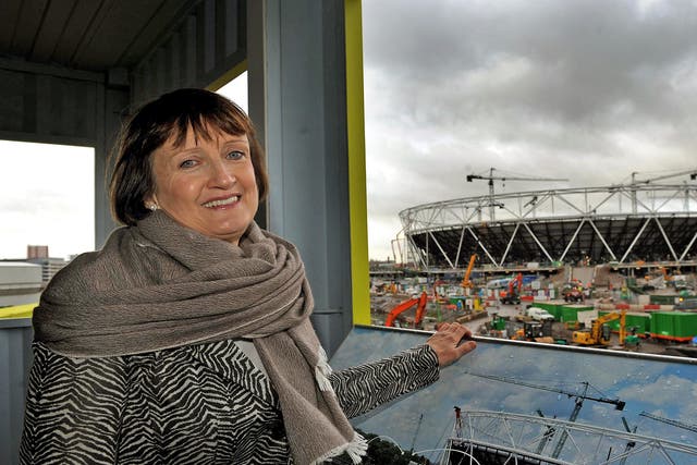 Then Olympics Minister Tessa Jowell stands in front of the Olympic Park in Stratford, London, in 2009