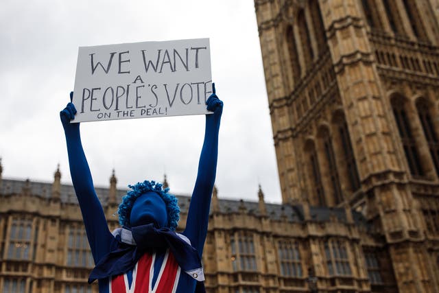 An anti-brexit campaigner holds up a placard during a protest outside the Houses of Parliament
