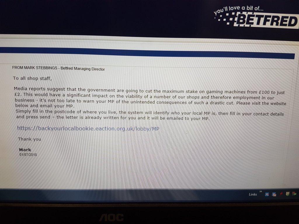 The email leaked to The Independent appears to show Betfred's managing director urging employees to lobby their MP