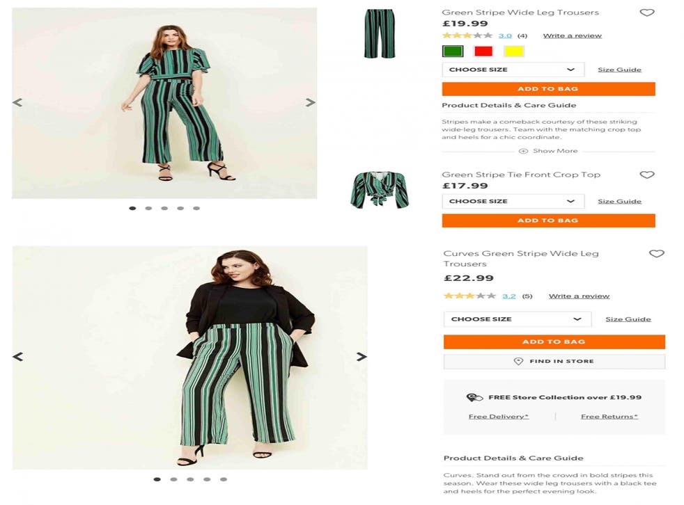 New Look’s Green Stripe Wide Leg Trousers are being sold online for £22.99 in the Curves range but just £19.99 in their standard range