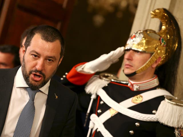 League party leader Matteo Salvini leaves after a meeting with Italian President Sergio Mattarella in April