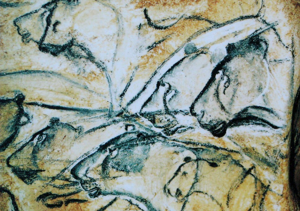 Cave painting of lions drawn on the walls of the Chauvet Pont d'Arc Cave in the south of France. It was painted about 30,000 years ago