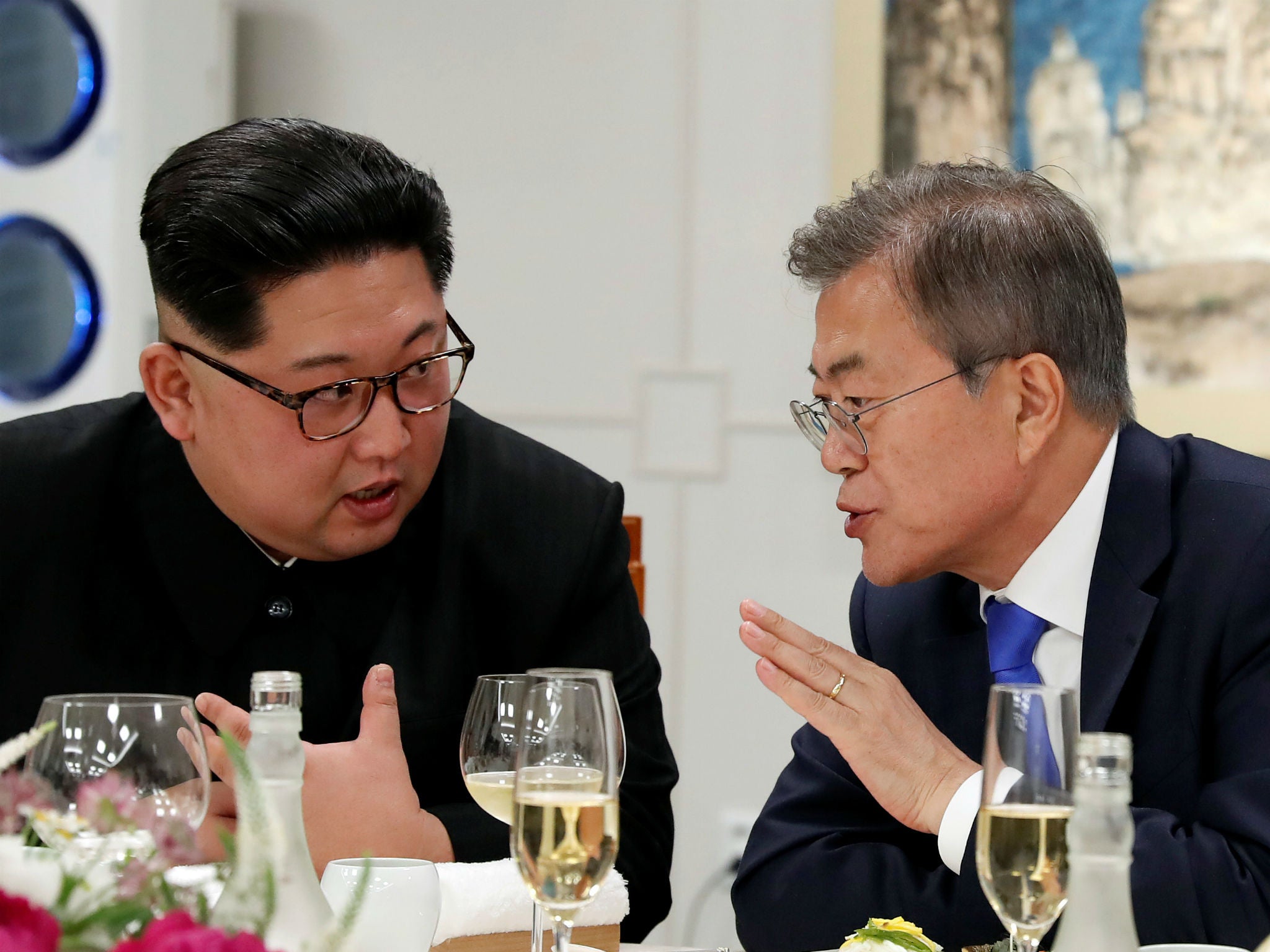 North Korean leader Kim Jong-un and South Korean president Moon Jae-in attend a banquet during an earlier meeting at the truce village of Panmunjom