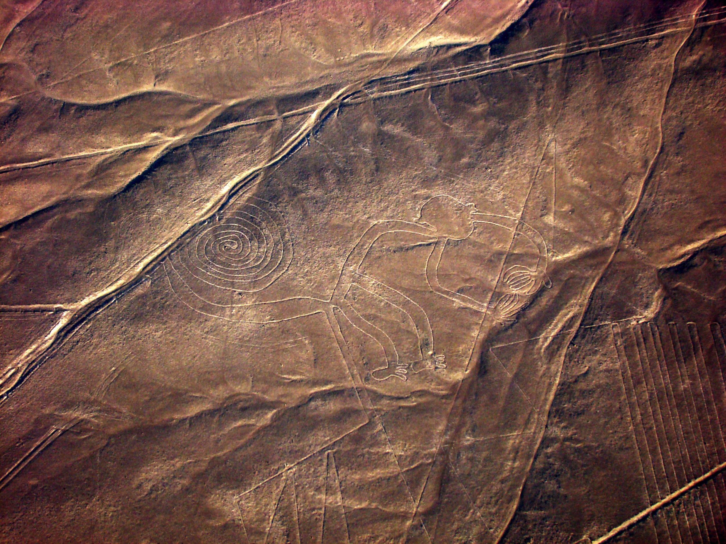 The geoglyph of a monkey is seen on the plains of the Nazca desert in southern Peru