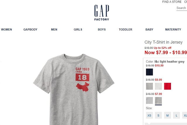 The map of China t-shirt sold by Gap which omitted various territories that the nation has claimed. Twitter