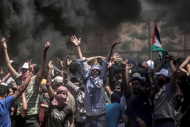 Palestinian protesters near the border with Israel in the east of the Gaza Strip