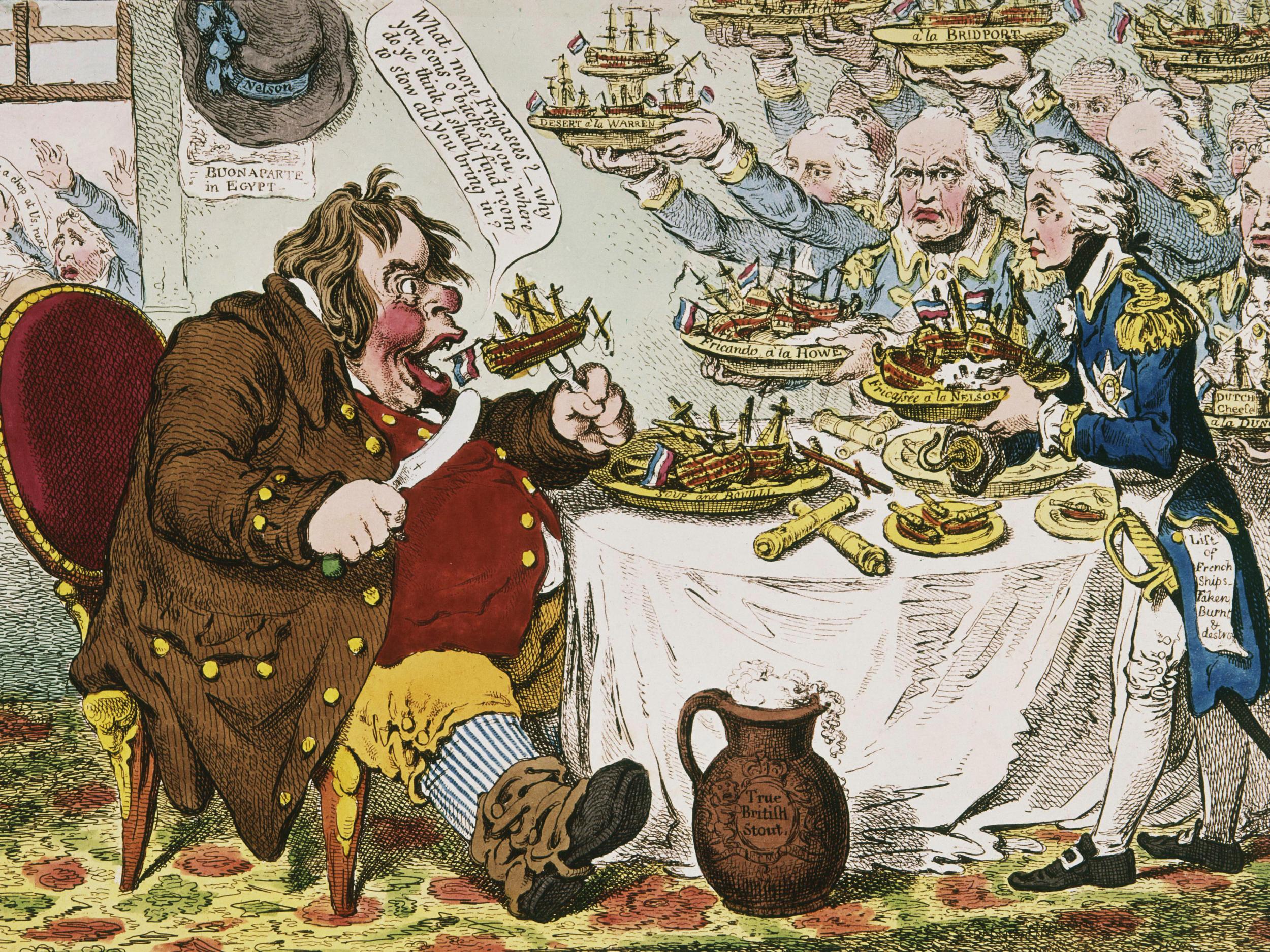 John Bull Taking a Luncheon Served by Nelson (1798) by James Gillray, the 18th century cartoonist's archetypal image of the ruddy-cheeked British patriot