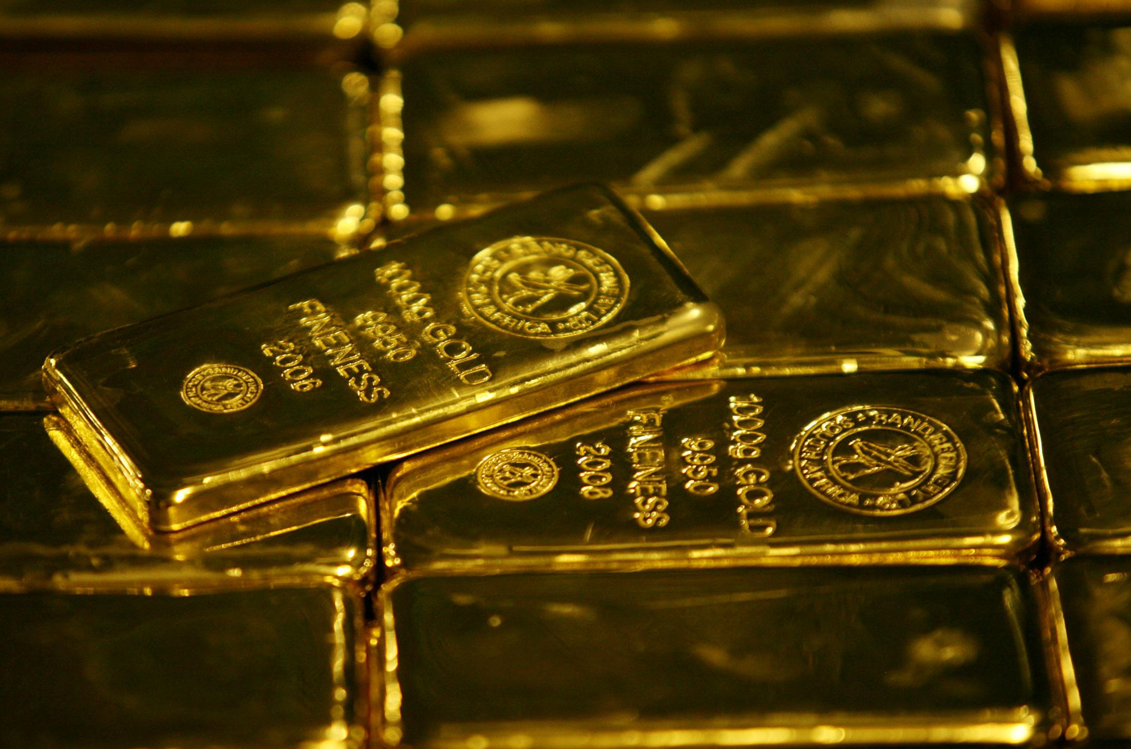 Gold bars are displayed at South Africa's Rand Refinery in Germiston. Reuters