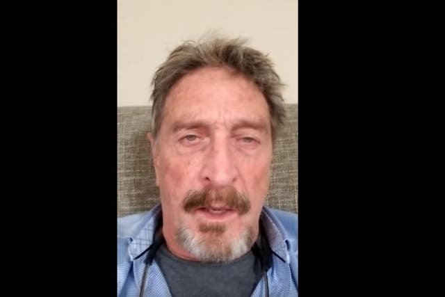 A still from a video filmed by Mr McAfee on Tuesday, 15 May, in which he speaks from an undisclosed location about his fears relating to the SEC