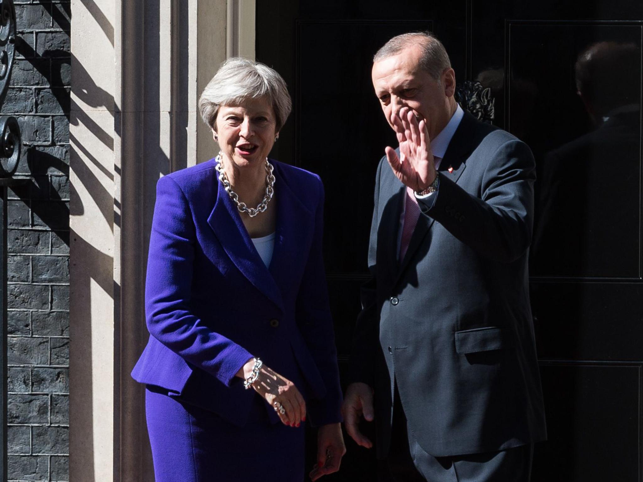 Ms May meeting Mr Erdogan on the steps of 10 Downing Street