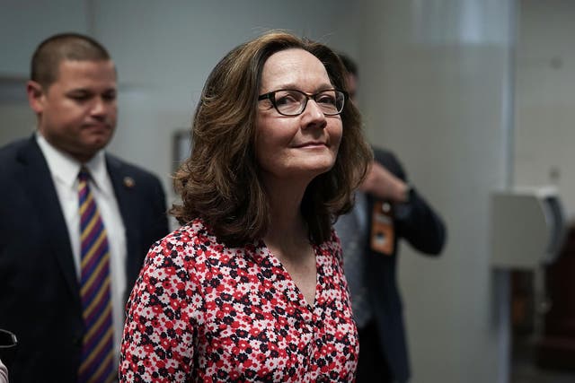 CIA nominee Gina Haspel (R) is seen waiting for the Senate subway while she is on Capitol Hill for meetings with senators