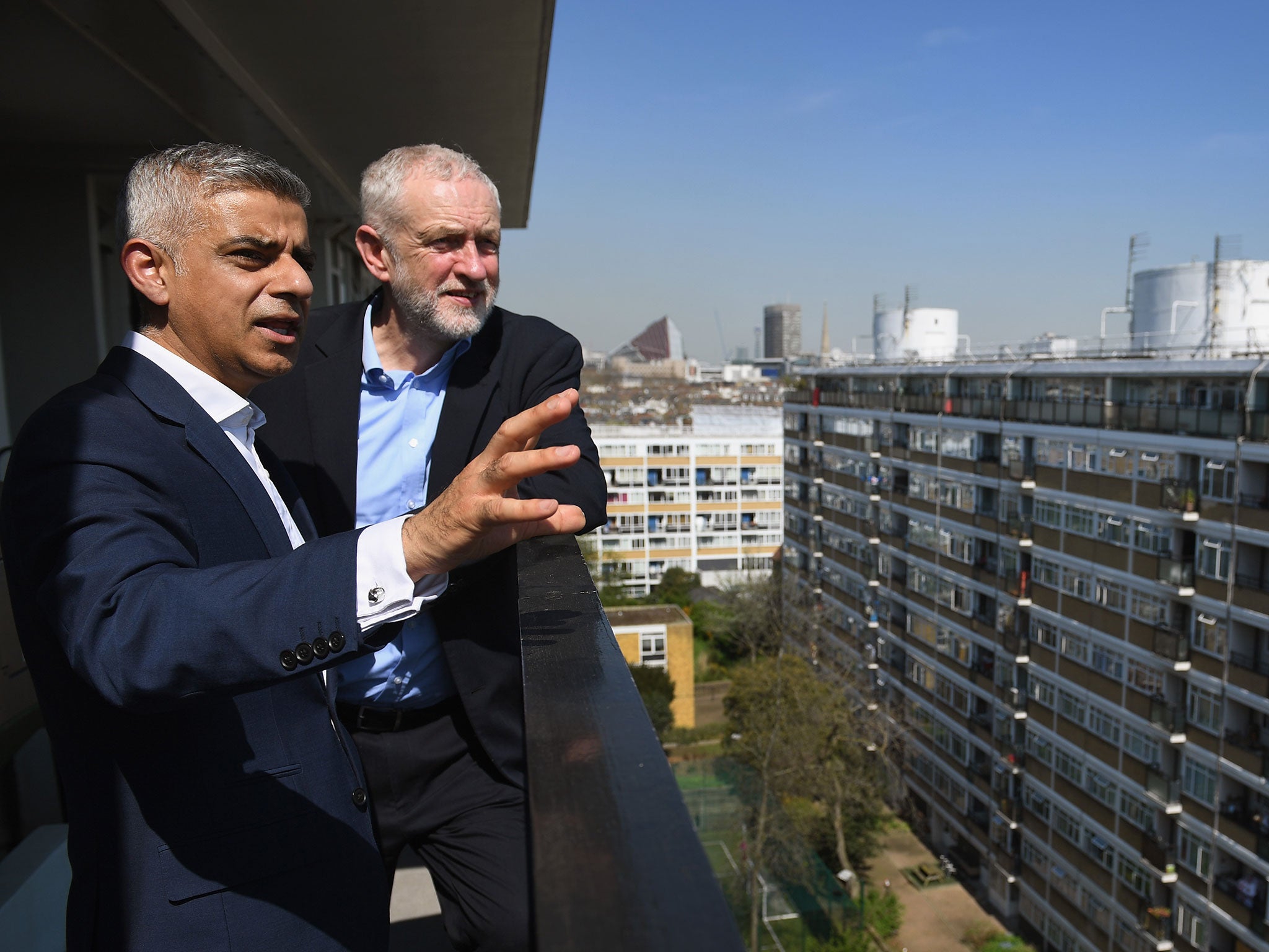 Sadiq Khan and Jeremy Corbyn following the launch of Labour's social housing review in April