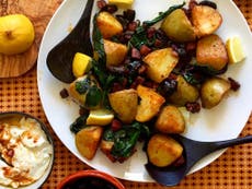 Jersey royals with chorizo and wilted spinach