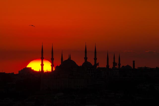 Istanbul’s historic Blue Mosque as the sun sets at Ramadan
