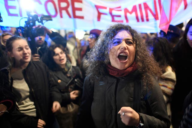 Women demonstrate to call for a legislative change to set a minimum legal age for sexual consent in front of the Justice ministry in Paris a week after a jury acquitted a 30-year-old man who was accused of raping an 11-year-old girl