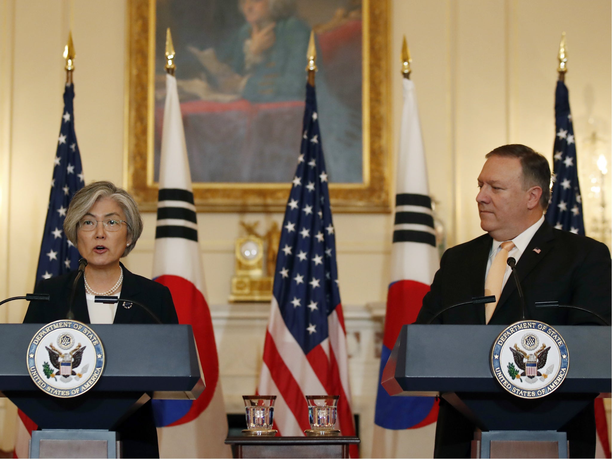 South Korean foreign minister Kang Kyung-wha told US secretary of state Mike Pompeo they would be willing to mediate talks between Donald Trump and Kim Jong-un