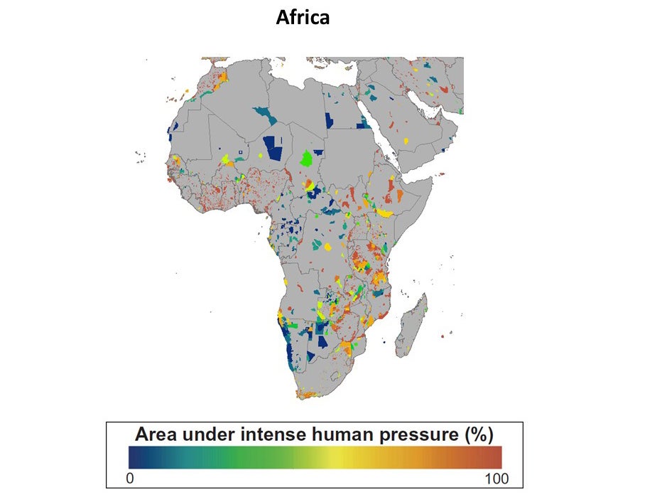 A map showing human pressure within protected areas in Africa