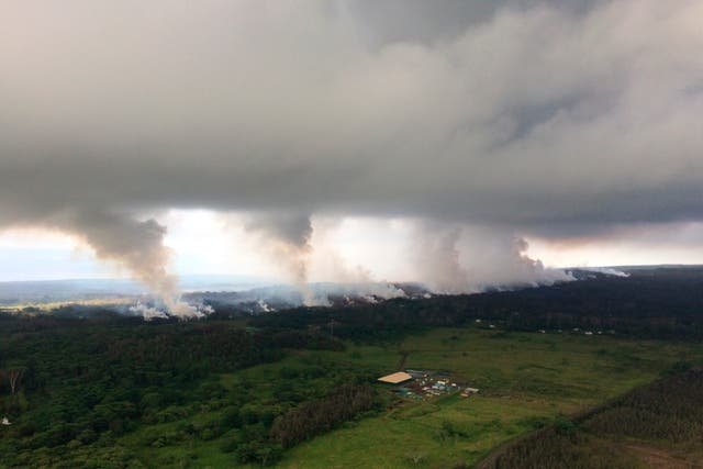 Image provided by the US Geological Survey shows sulfur dioxide plumes rising from fissures along the rift and accumulating in the cloud deck of the Kilauea volcano