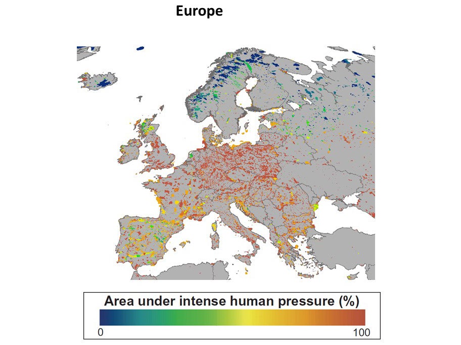 A map showing human pressure within protected areas in Europe