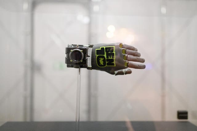 A prosthetic hand, developed for a six year old boy, who's favourite cartoon was "Ben 10", is seen during the press launch of the new exhibition "The Future Starts Here" at Victoria and Albert Museum on May 9, 2018 in London, England