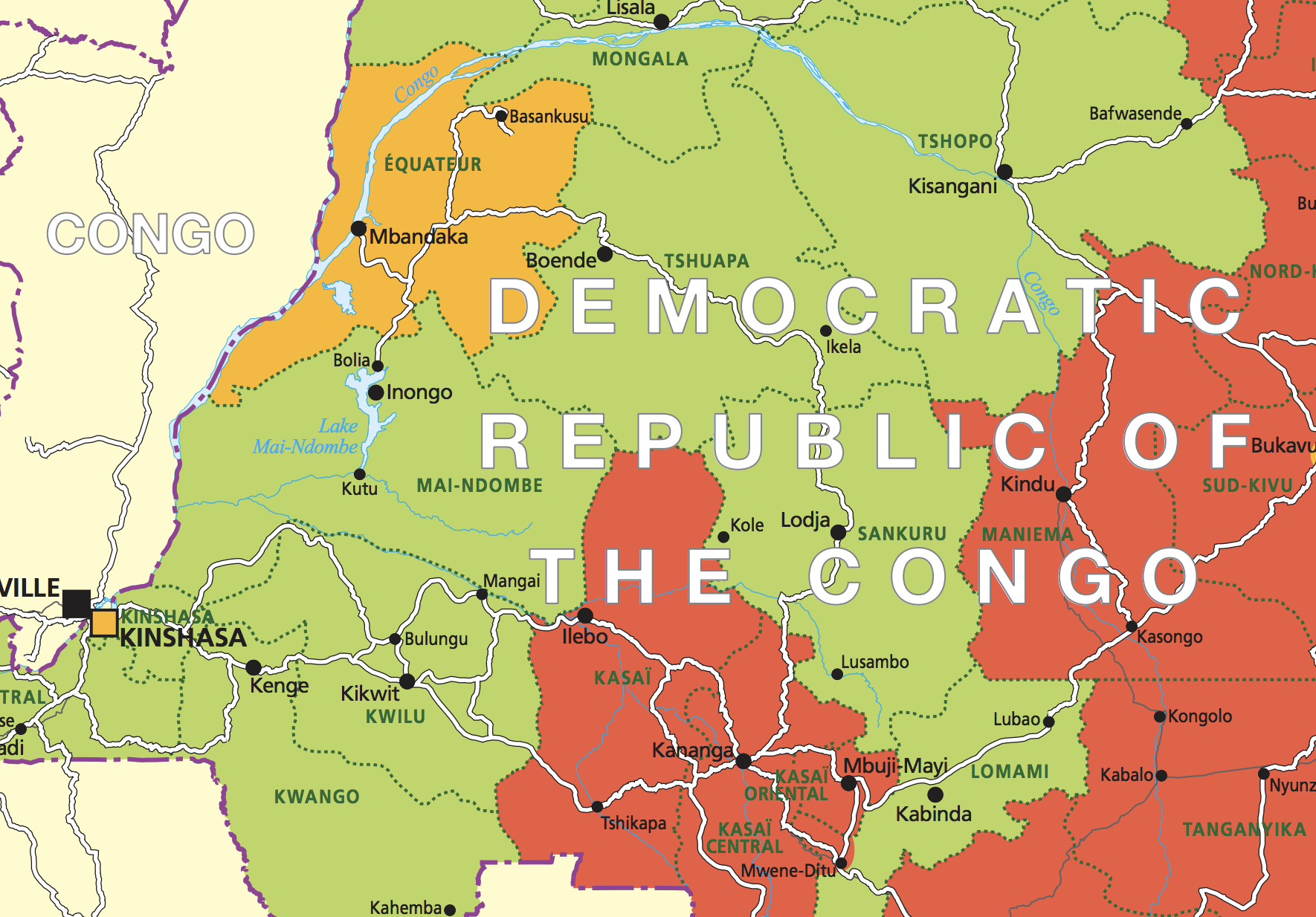 Avoid: Foreign Office map of Democratic Congo, with the area in orange showing the Equateur province where Ebola is occurring