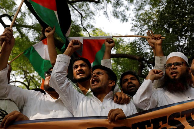 Protesters in India shout slogans against the recent killings of Palestinian protesters on the Gaza-Israel border and the US embassy move to Jerusalem