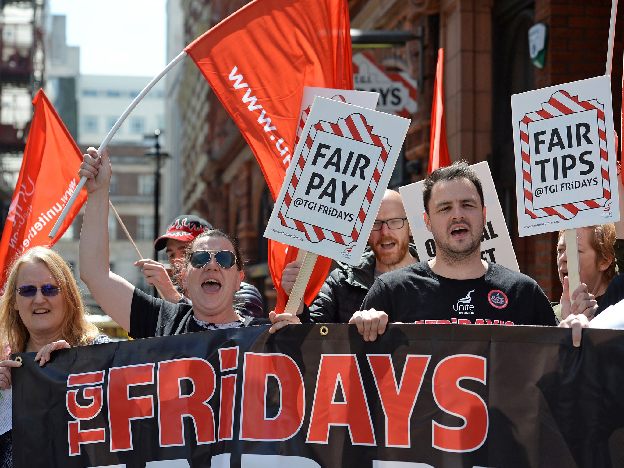 Workers from the Covent Garden branch of TGI Fridays on a picket line outside the restaurant