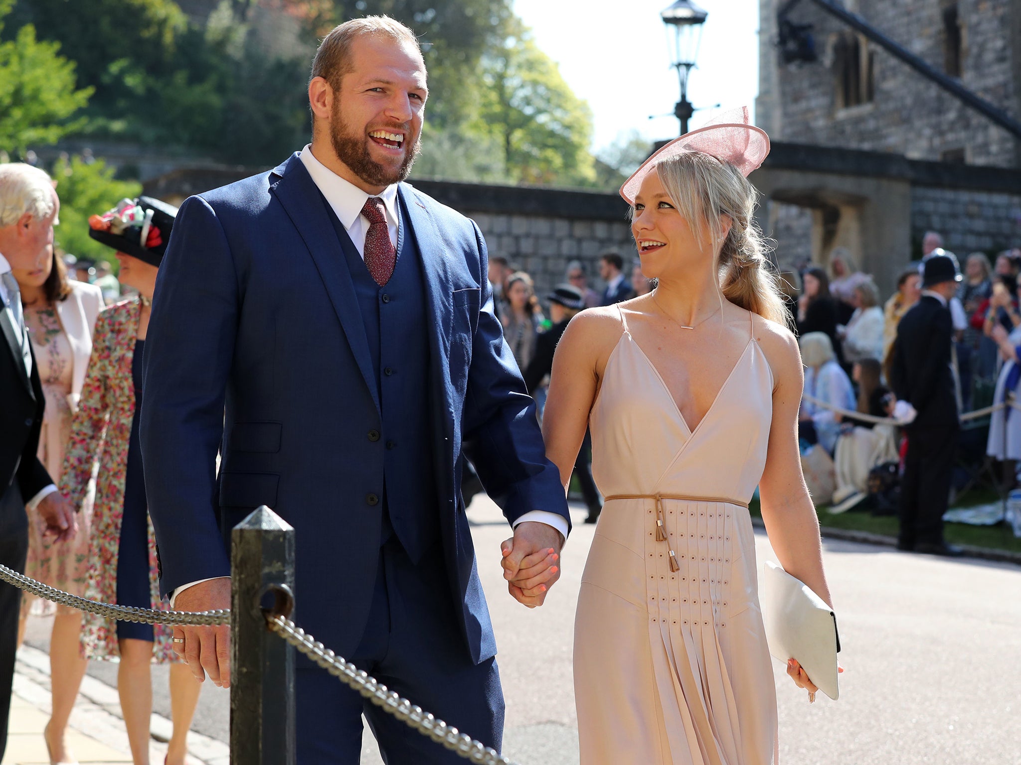 James Haskell arrives at the royal wedding of Prince Harry and Meghan Markle alongside fiancée Chloe Madeley