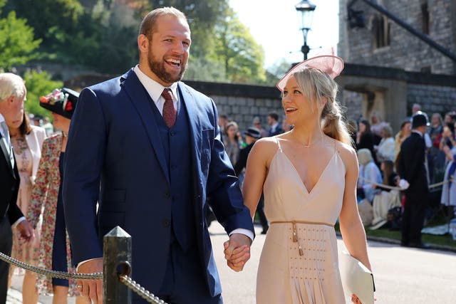 James Haskell arrives at the royal wedding of Prince Harry and Meghan Markle alongside fiancée Chloe Madeley