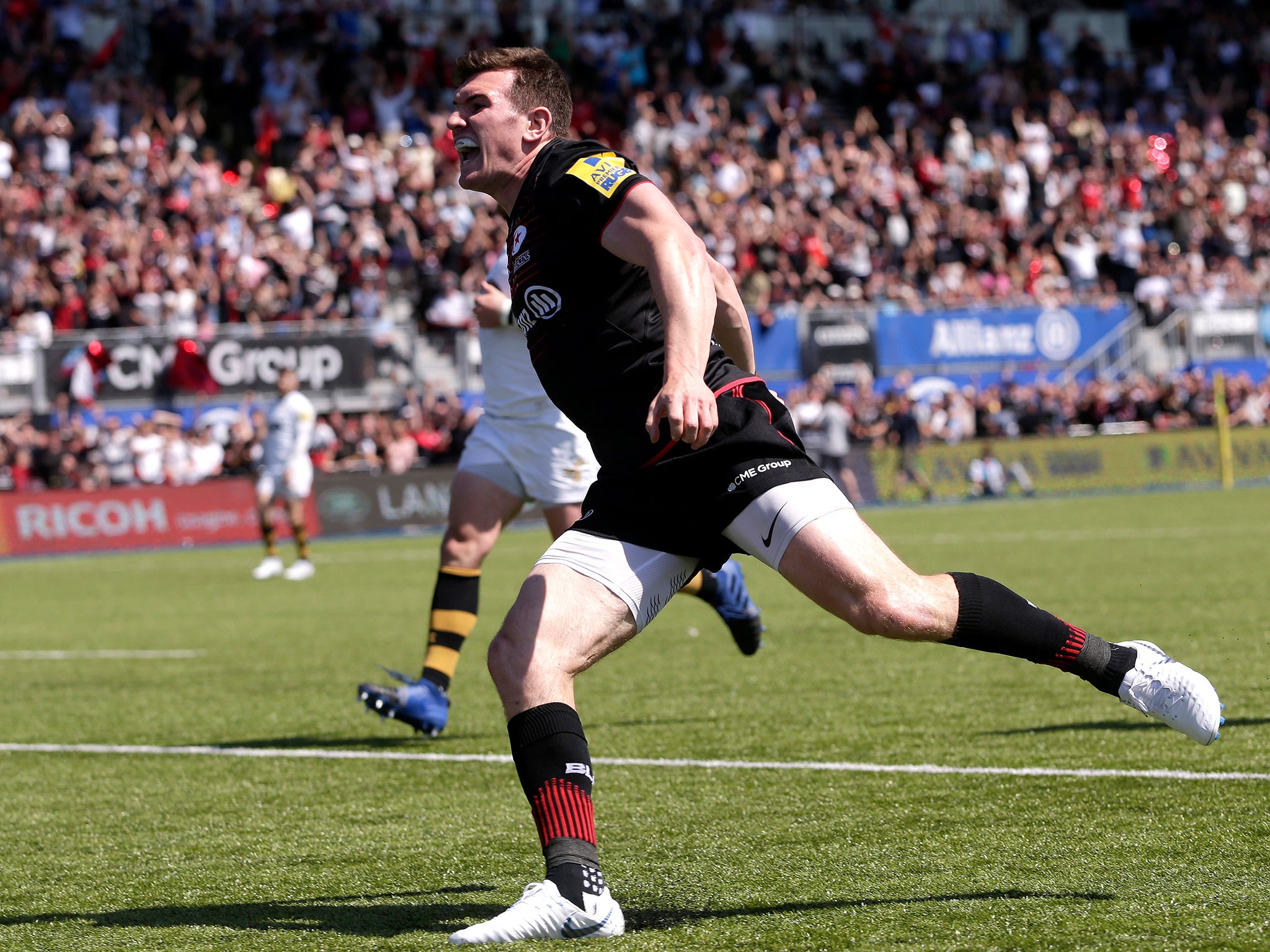 Ben Spencer celebrates scoring a try in Saracens' 57-33 semi-final victory over Wasps