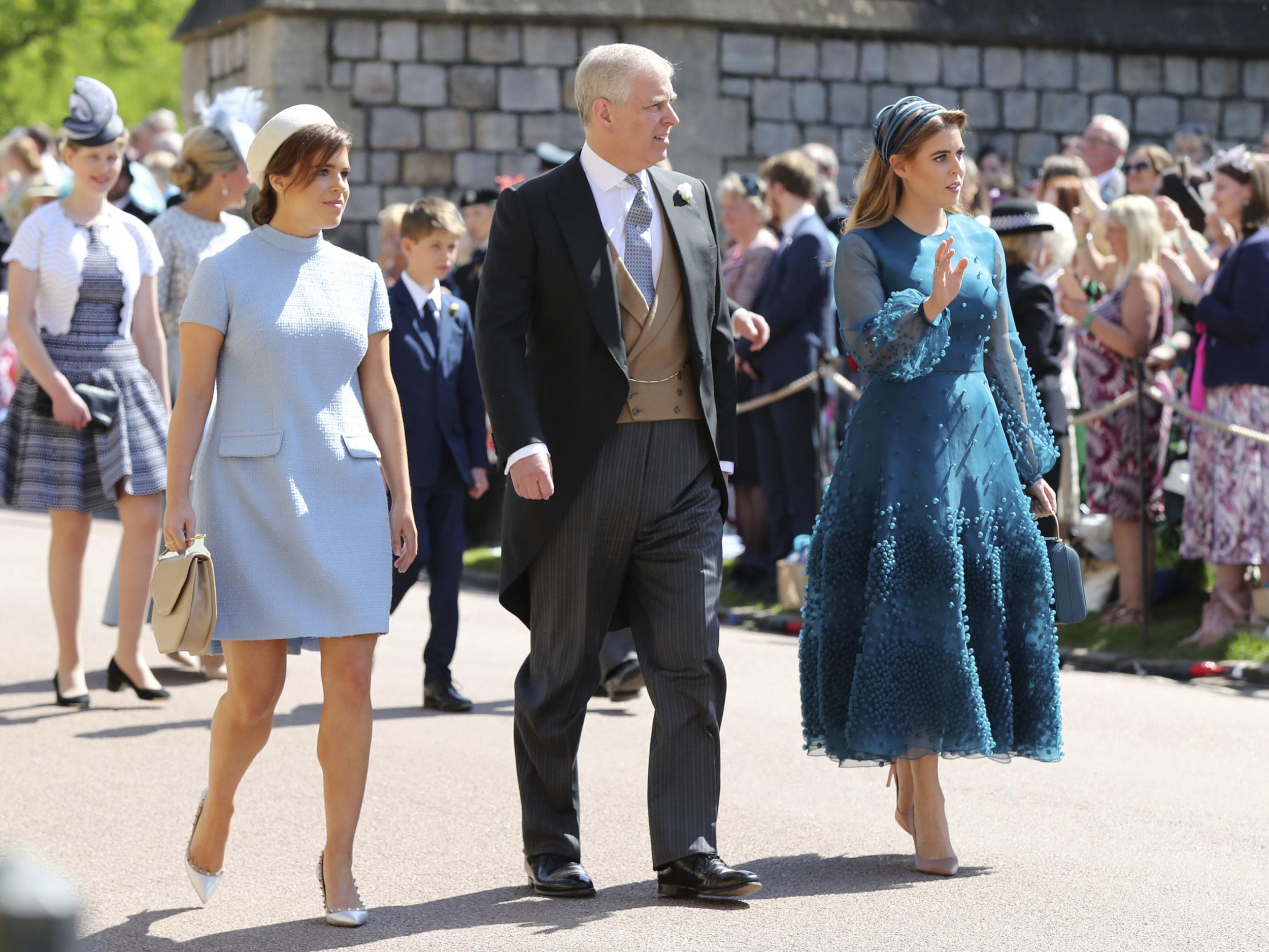 Princess Eugenie, The Duke of York and Princess Beatrice, from left, arrive for the wedding ceremony of Prince Harry and Meghan Markle