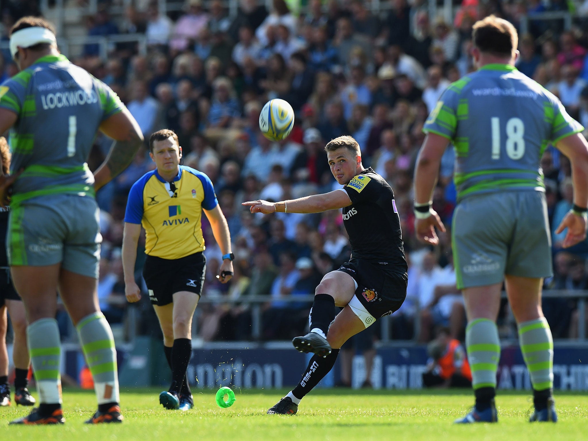 Joe Simmonds kicks a penalty for Exeter during Saturday’s semi-final