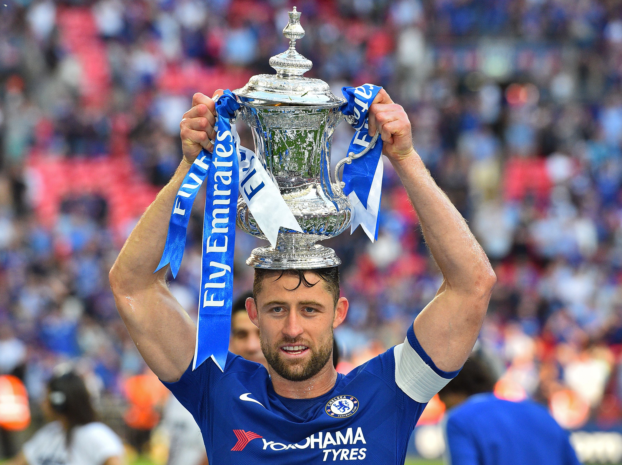 Gary Cahill celebrating at Wembley with the FA Cup