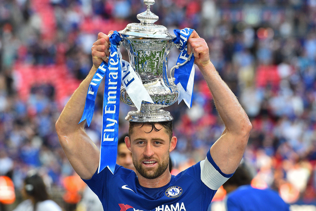 Gary Cahill celebrating at Wembley with the FA Cup