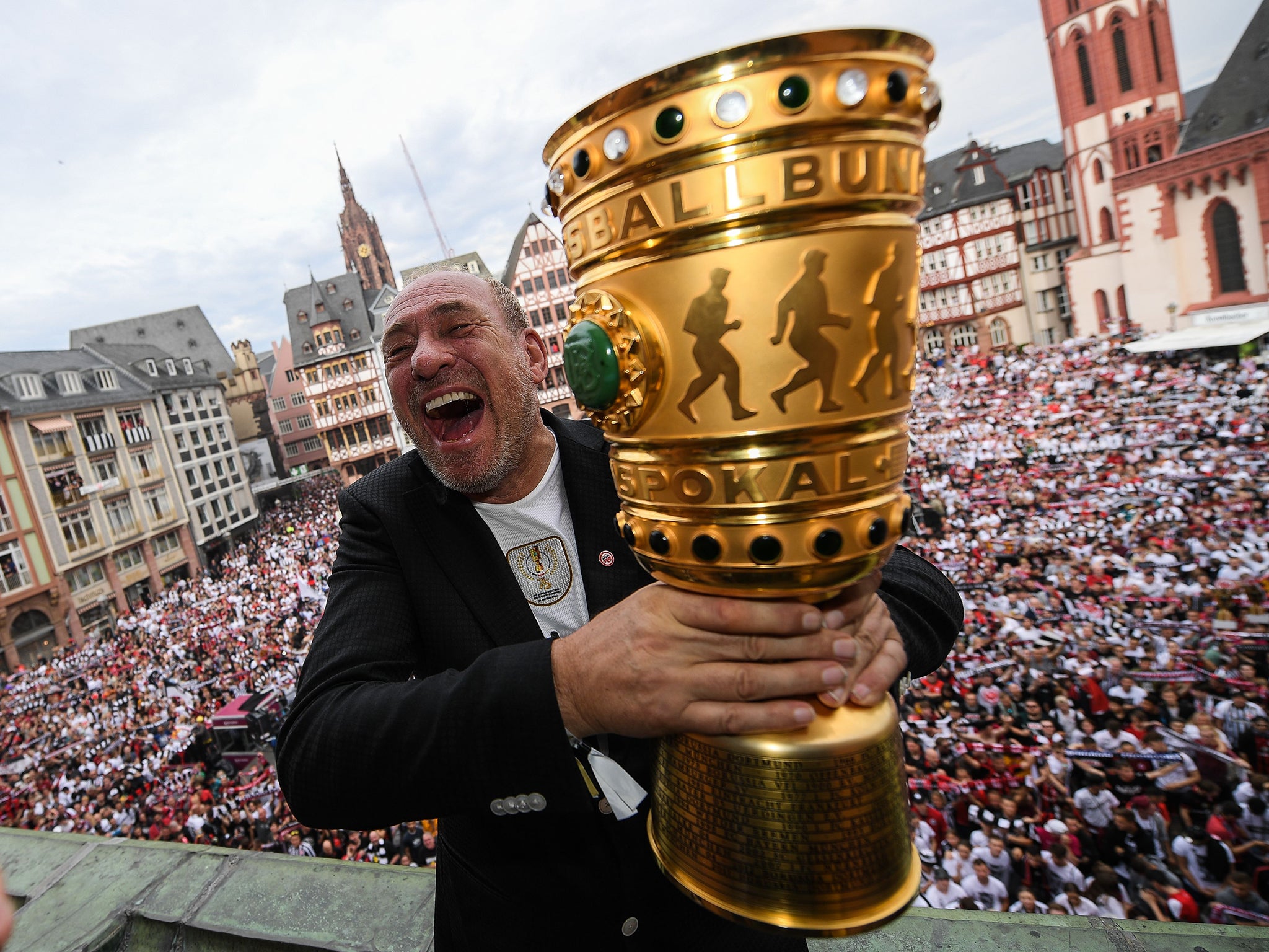 Frankfurt president Peter Fischer celebrates the club's DFB-Pokal Cup final victory