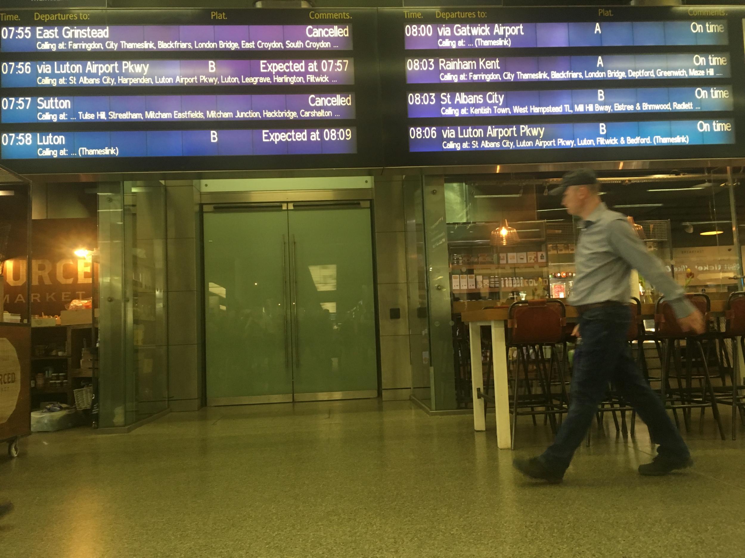 Wrong track: Destination screens at St Pancras staton at the height of the morning rush hour