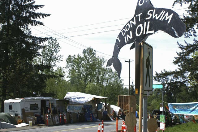 A protestors' encampment outside offices of Kinder Morgan in British Columbia