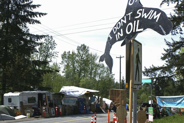 A protestors' encampment outside offices of Kinder Morgan in British Columbia