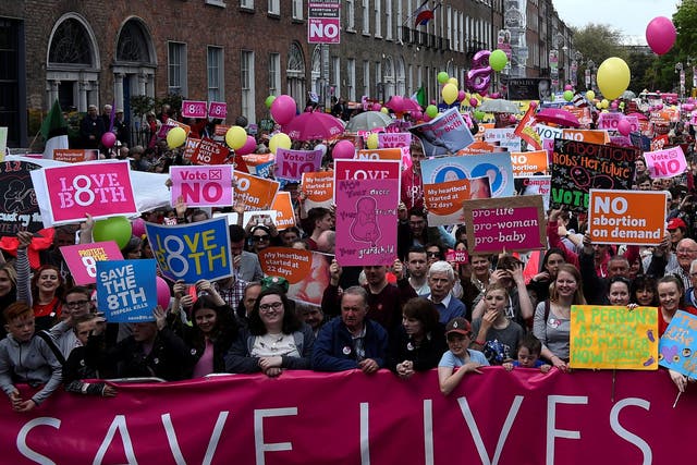 Demonstrators in Dublin take part in a 'Pro-Life' rally, ahead of a May 25 referendum on abortion law