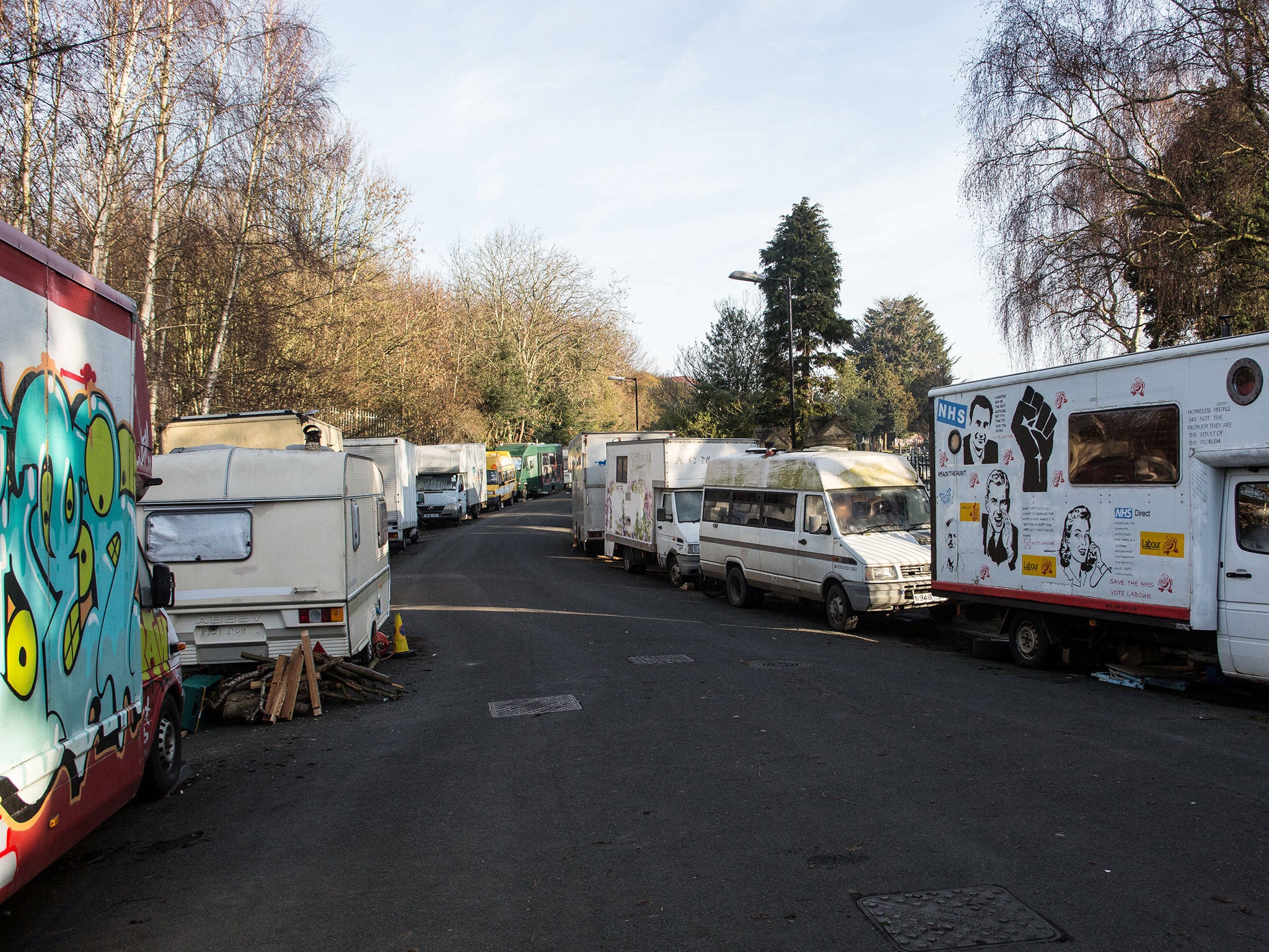 Around 50 caravans, horseboxes, motorhomes and lorries are parked on Greenbank View, close to a cemetery in Easton