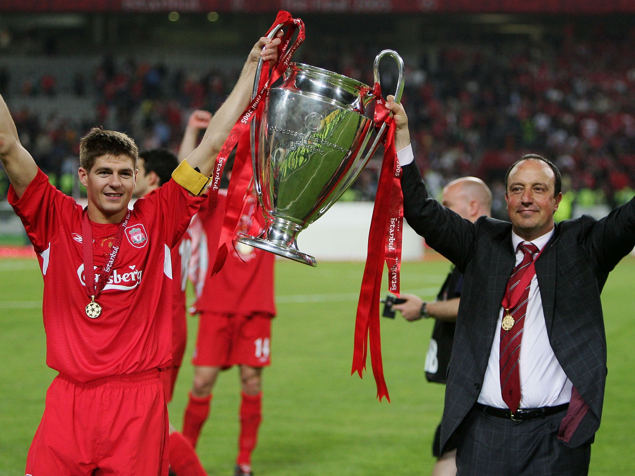 Rafa Benitez with then captain Steven Gerrard after their stunning fightback in Istanbul in 2005