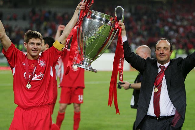 Rafa Benitez with then captain Steven Gerrard after their stunning fightback in Istanbul in 2005