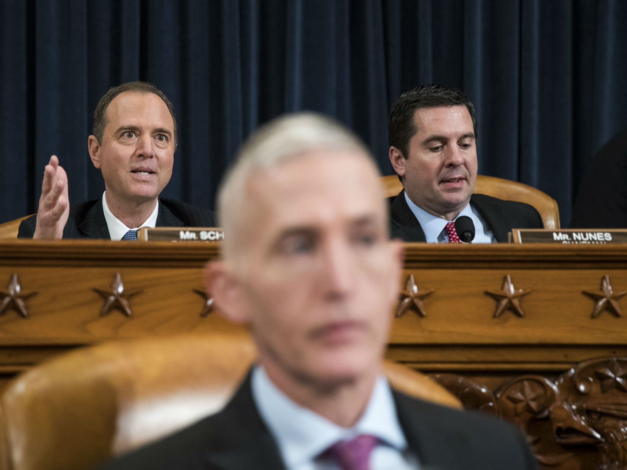 Top Republicans Devin Nunes of California (right) and Trey Gowdy of South Carolina (foreground) are expected to be at the meeting; top Intelligence Committee Democrat Adam Schiff of California (left) is not