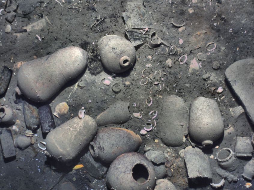 Ceramic jars and other items from the 300-year-old shipwreck of the Spanish galleon San Jose on the floor of the Caribbean Sea off the coast of Colombia