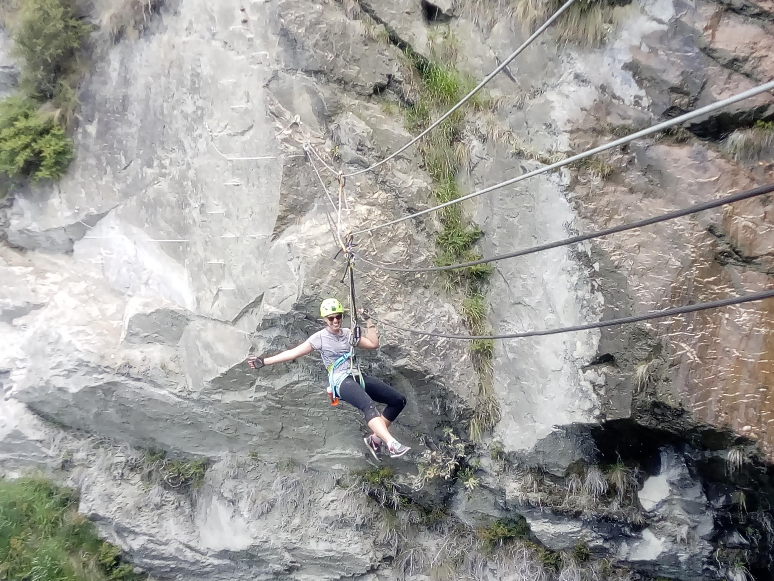Zipping along: a Tyrolean traverse involves a horizontal zipwire