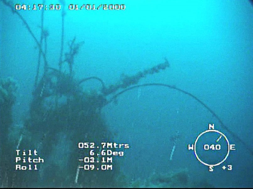 The wreck of the Royal Navy tug Empire Wold, discovered by Iceland's coastguard 74 years after it sank during the Second World War. This image shows the vessel's forward gun