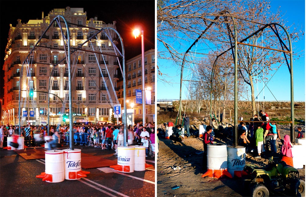 A swing developed in conjuction with Madrids 'White Night' was repurposed into a swing for children at one of Madrid's slums