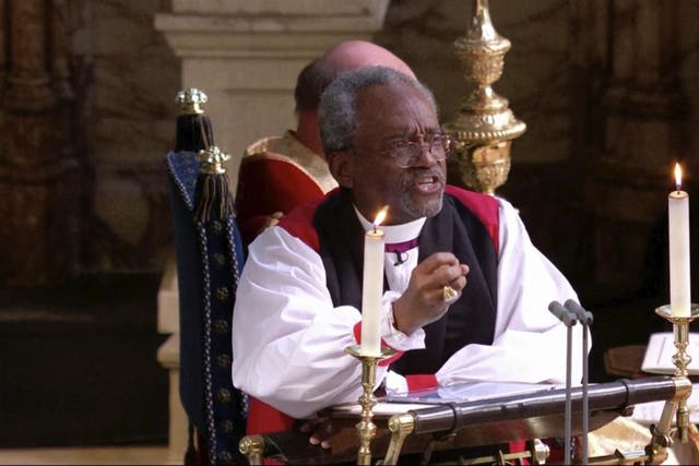 Bishop Michael Bruce Curry speaks during the wedding ceremony of Britain's Prince Harry and Meghan Markle