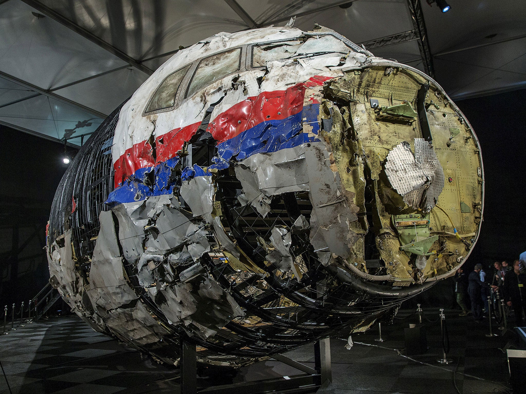The reconstructed wreckage of Malaysia Airlines flight MH17