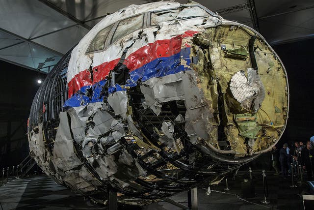 The reconstructed wreckage of Malaysia Airlines flight MH17